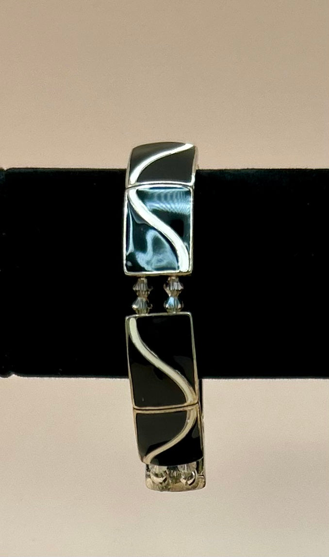 #7 Black Enamel with Beige Stretch Bracelet with 2mm Swarovski Golden Shadow Crystals 7in