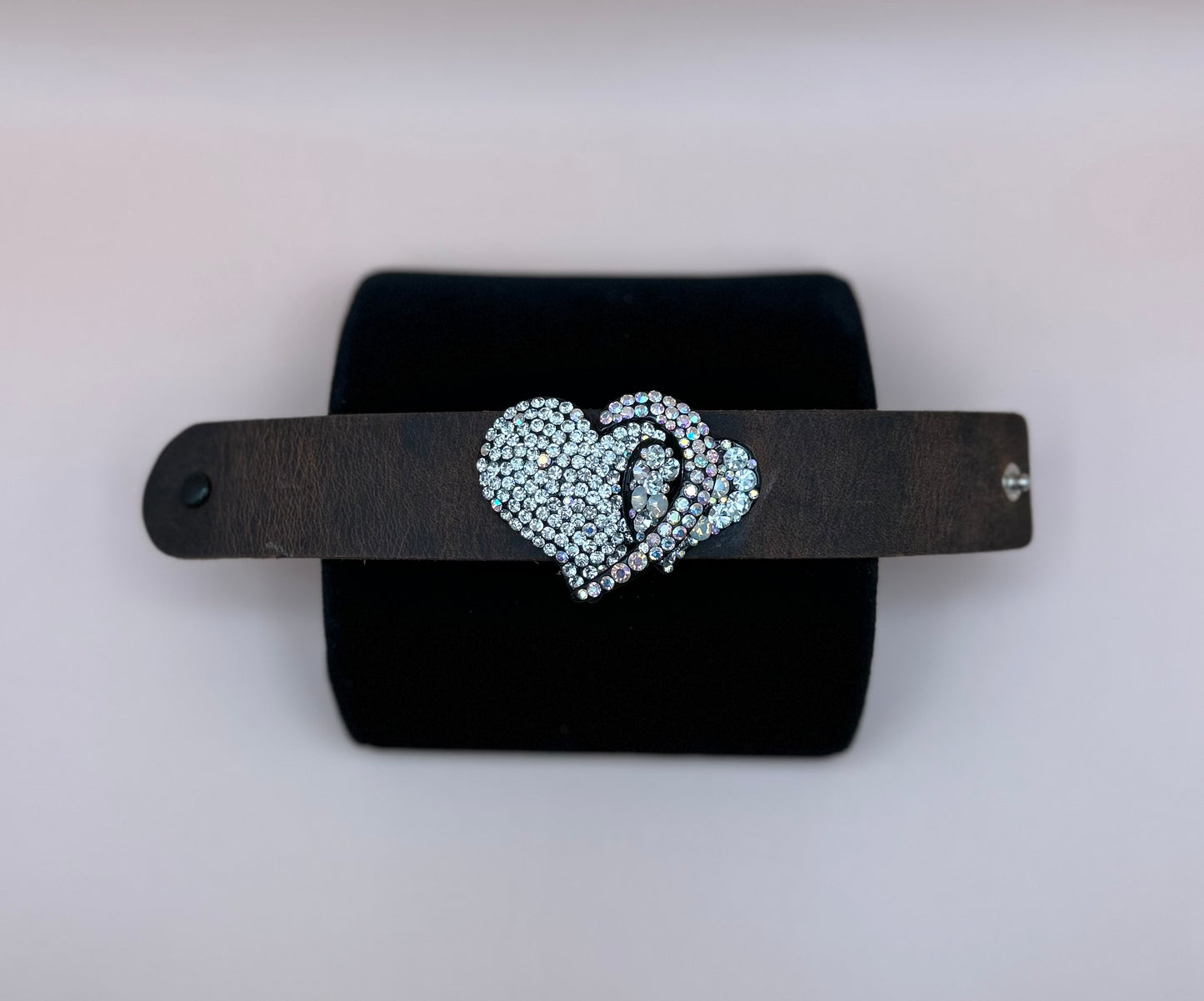 #31 Dark Brown Leather Cuff Bracelet Centered with a Large Double Crystal Heart Button 9in