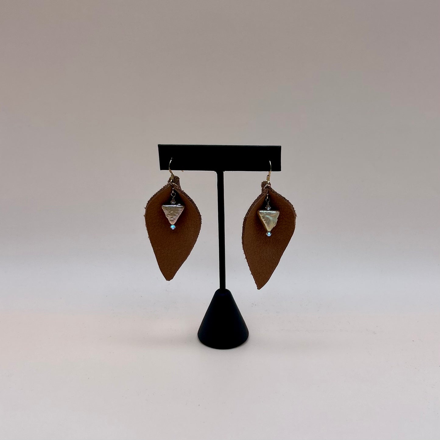 #92 Brown Suede Leather Earrings featuring a Pearl Drop on Sterling Silver Earrings