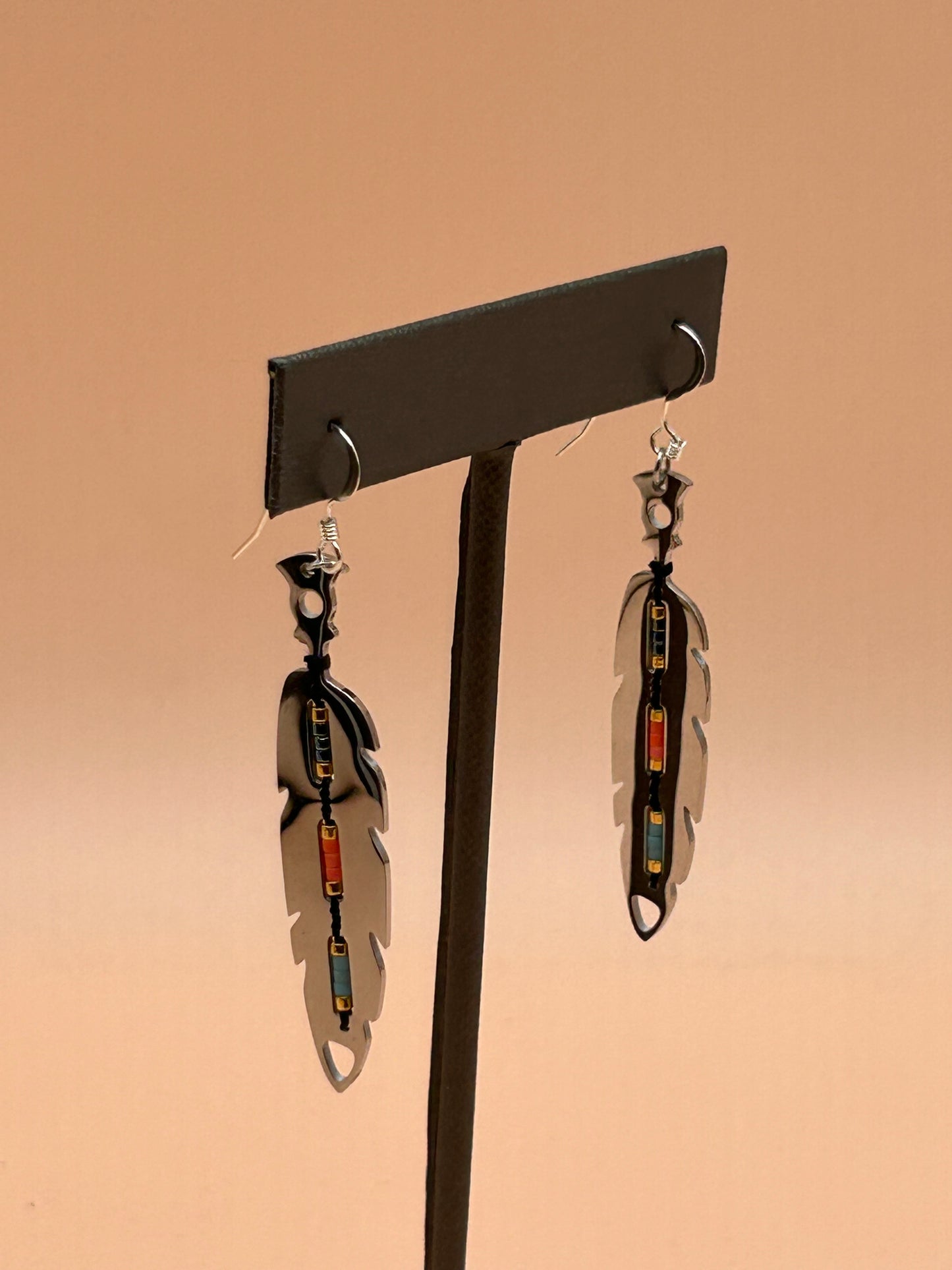 #95 Silver Feather Earrings, 2 Inches Long, with Embedded Seed Beads