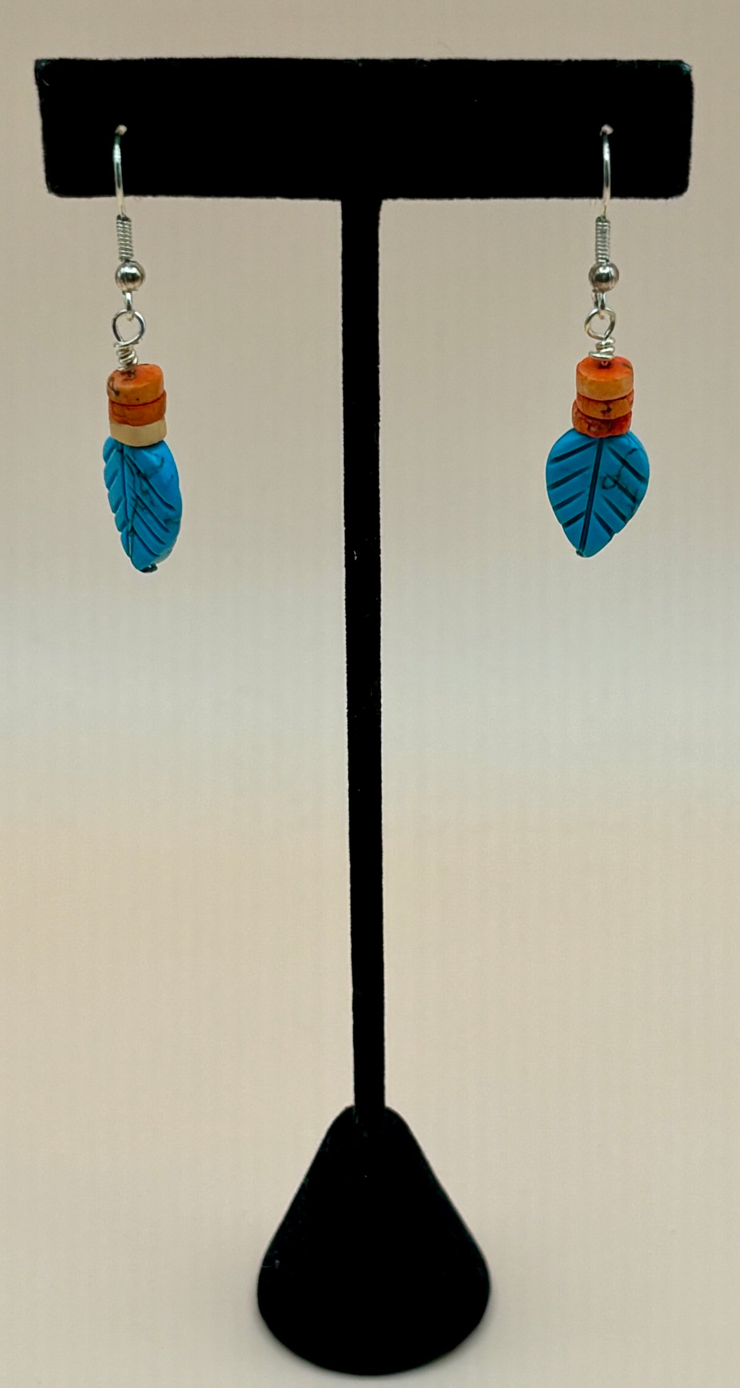 #139 Turquoise Carved Leaf Beads Enhanced by Dyed Orange Shell Bead Earrings
