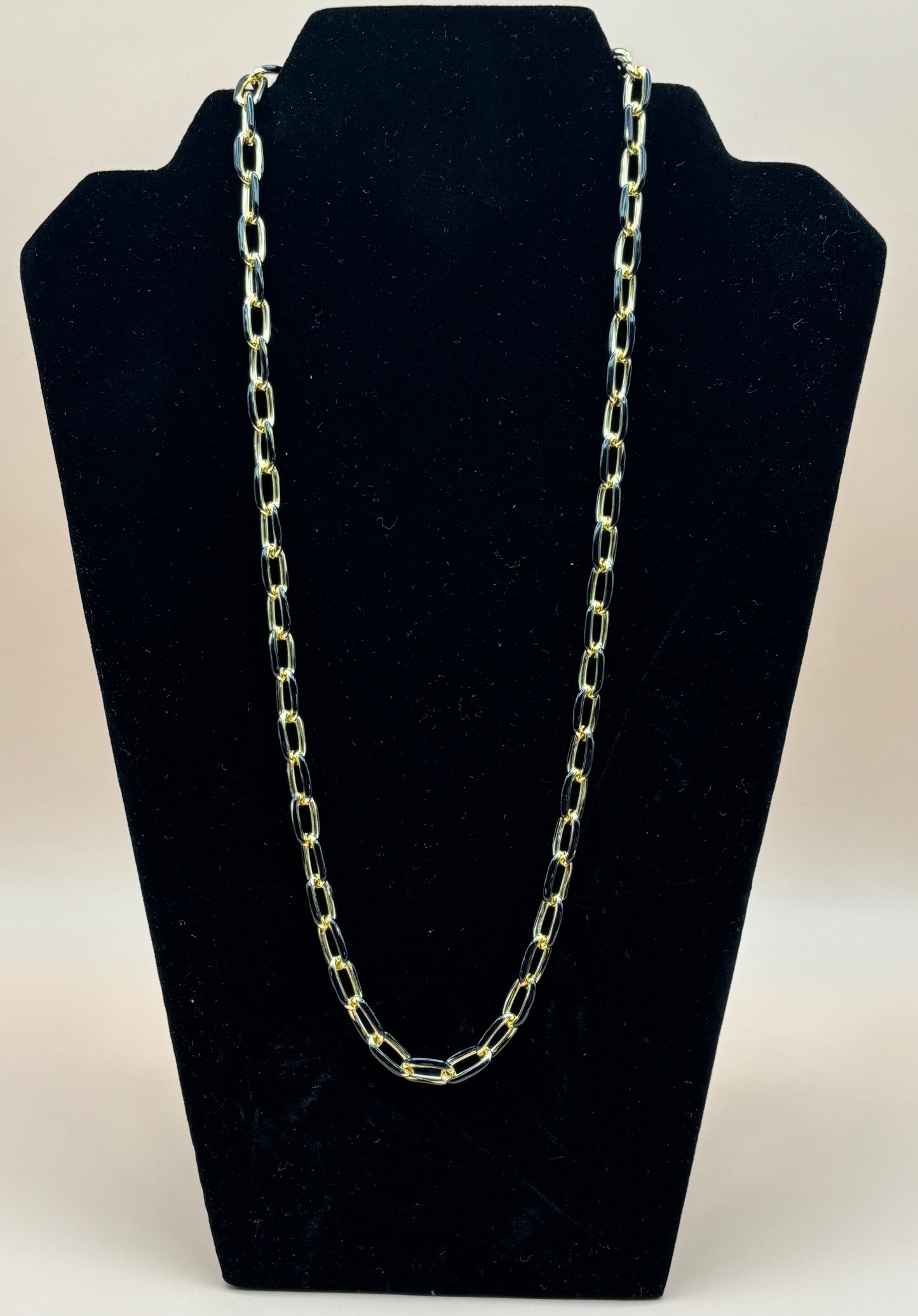 #242 Black Enamel and Gold Large Paper Clip Necklace 24"