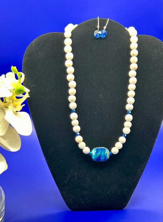 #72 Snow Quartz beads with 4mm Swarovski Royal Blue Cystal Necklace
