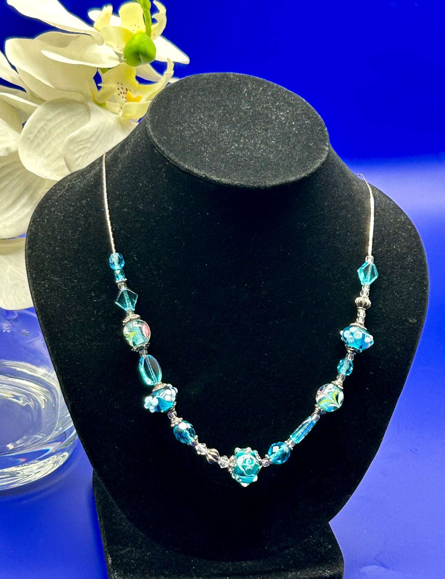 #15 Blue Lampwork Beads on a Sterling Silver Chain