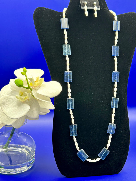 #57 Navy Blue Kyanite with White Opalite Elongated Bead Necklace