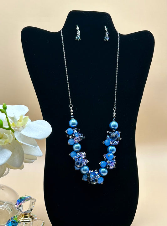 #16 Blue Pearl and Crystal Cluster Necklace