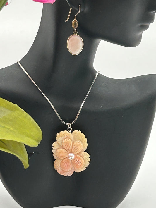#25 Carved Pink Agate Stone Drop Necklace