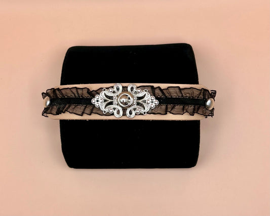 #47 Light Tan Leather Cuff Bracelet Covered with Black Lace and Silver Buckle Button 7in