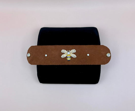 #67 Reddish Brown Suede Leather Cuff Bracelet centered with a Crystal Bumble Bee Button - 7in