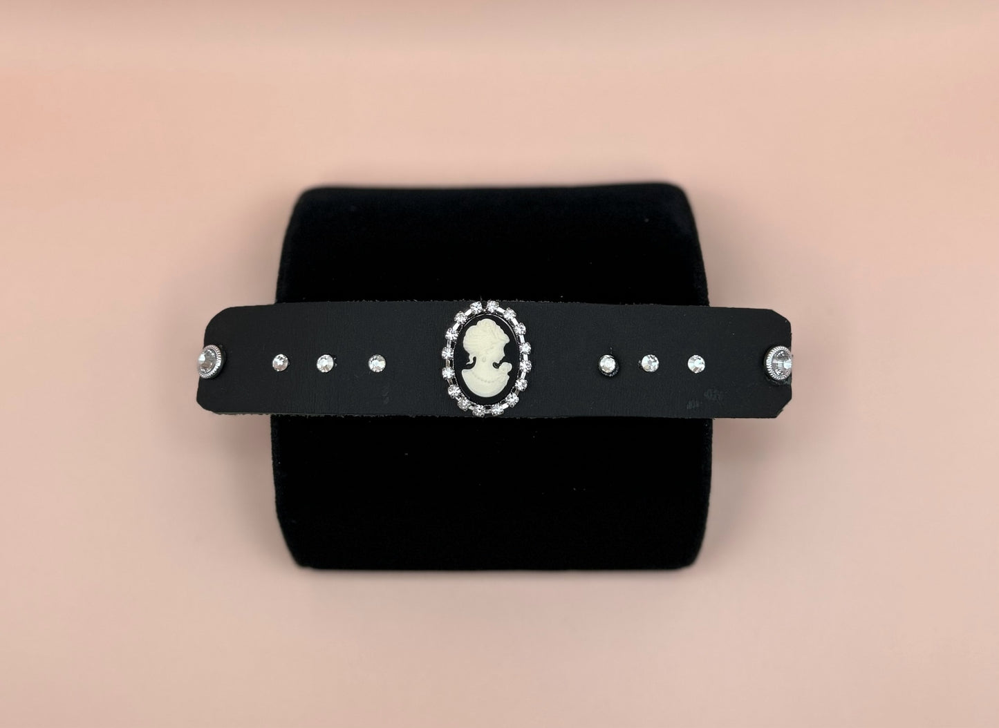 #9 Black Leather Cuff with Cameo encircled with Crystals