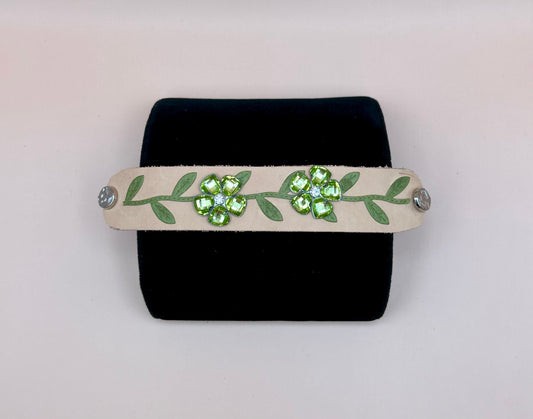 #38 Green Lace Leaves and Flower Buttons on a Light Tan Leather Cuff Bracelet 6.5in