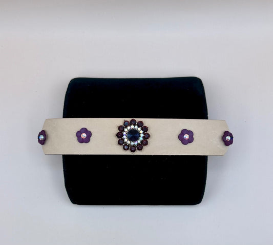 #50 Light Tan Leather Cuff Bracelet with Purple Crystal Button 7in