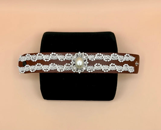 #66 Reddish Brown Snap Leather Cuff Bracelet with Pearl Beaded Lace and Large Pearl Button - 9in