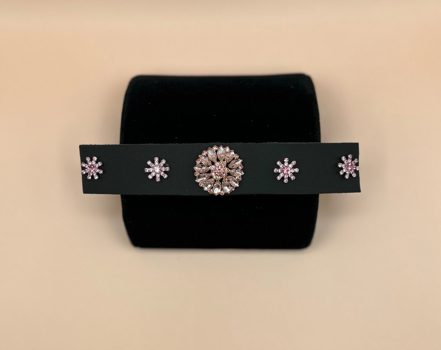 #8 Black Leather Bracelet with Large Pink Button enhanced with smaller Pink Crystal Buttons - 7in