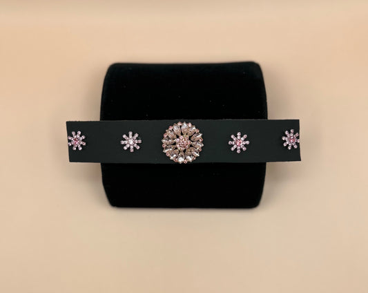 #8 Black Leather Cuff Snap Bracelet with Large Pink Crystal Button Enhanced with Smaller Pink Crystal Buttons 7in