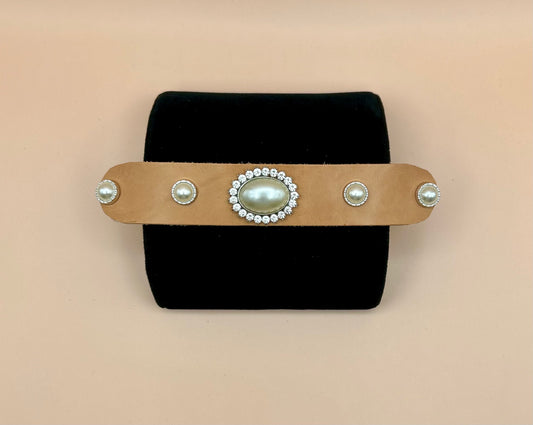 #205 Light Tan Leather Cuff Bracelet with Large Pearl surrounded by Crystals Button 7in