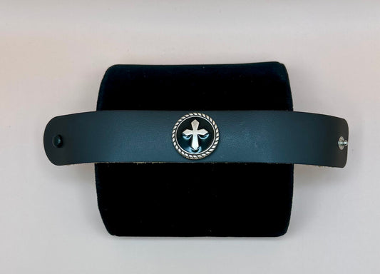 #10 Black Leather Snap Bracelet with Black Lacquer Silver Cross Concho - 9in