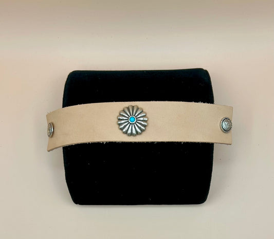 #51 Light Tan Leather Cuff Bracelet with Turquoise Centered Daisy Silver Concho - 6-3/4 in