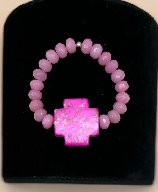 #190 Pink Howlite Large Cross 7" Stretch Bracelet with Pink Crystals