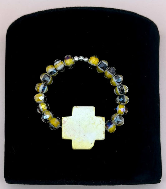 #189 Pale Yellow Magnesite Large Cross 6" Stretch Bracelet with Yellow/Black Crystal Beads