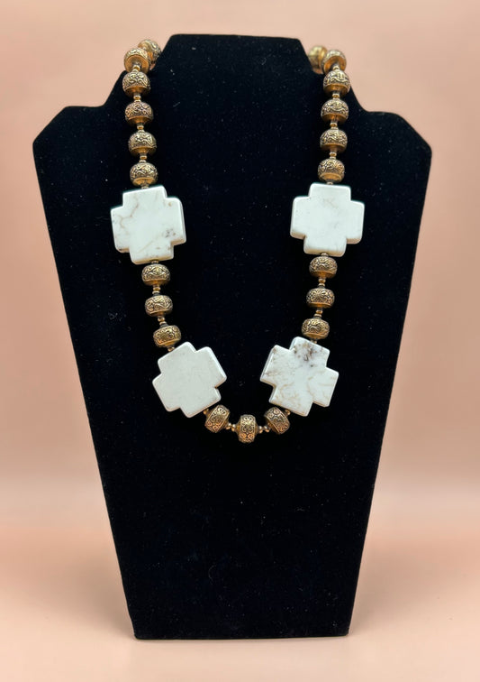 #162 Golden Bronze Metal Beads Enhanced with Four White Magnesite Crosses