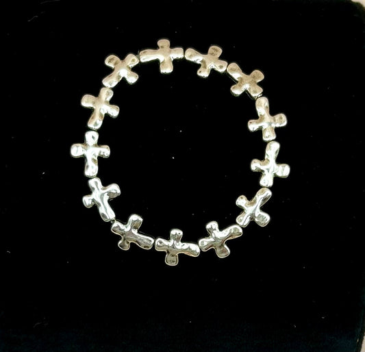 #193 Silver Small Crosses 6" Stretch Bracelet