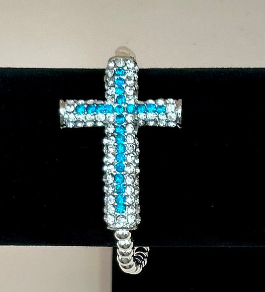 #200 Turquoise Crystal Cross 6" Stretch Bracelet with Silver Rounds Beads