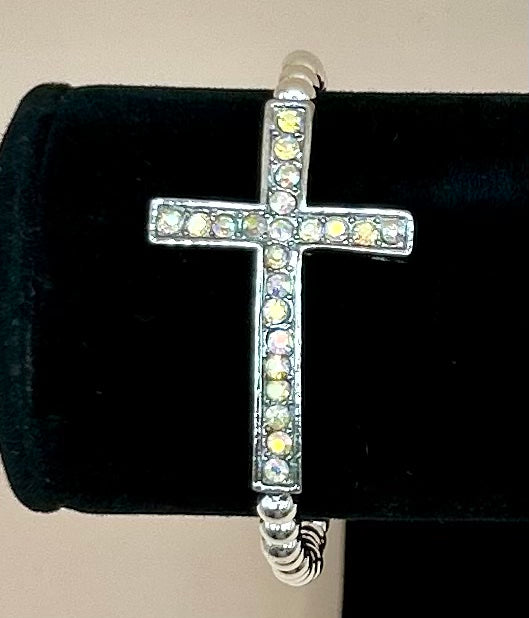 #201 AB Crystal Cross 5-1/2" Stretch Bracelet with Silver Rounds Beads