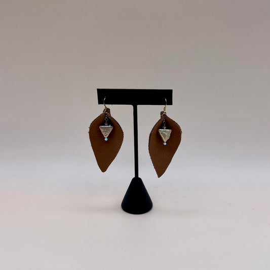 #92 Brown Suede Leather Earrings featuring a Pearl Drop