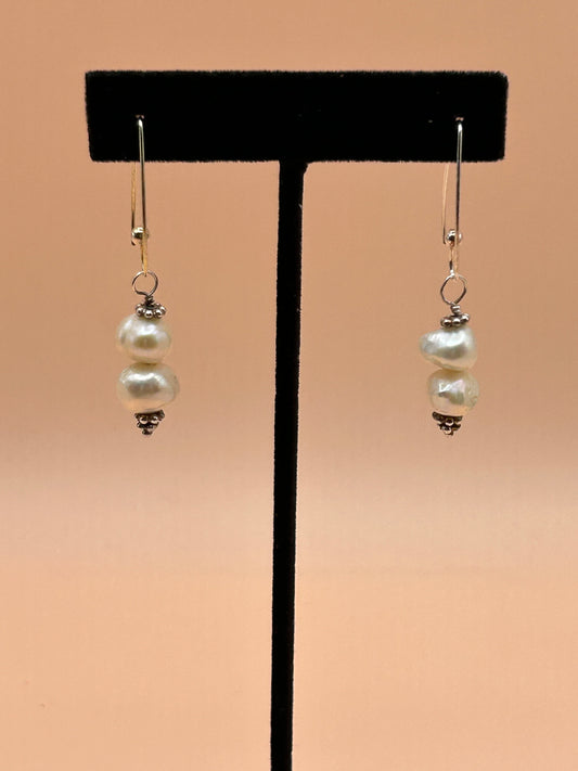 #94 White Baroque 2 Pearl Drop Earrings