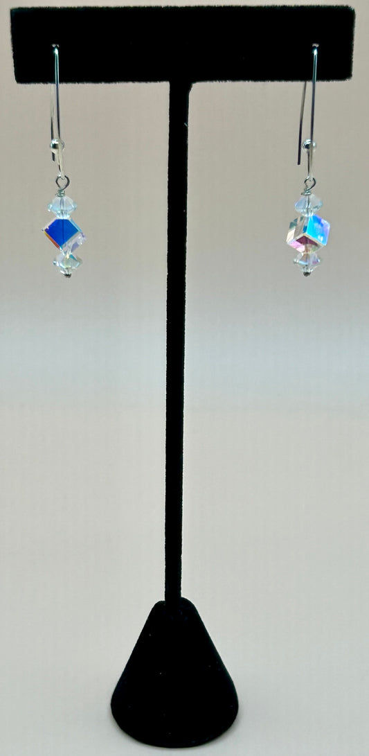 #129 Crystal Cubed Tiered Earrings on Sterling Silver Hoops