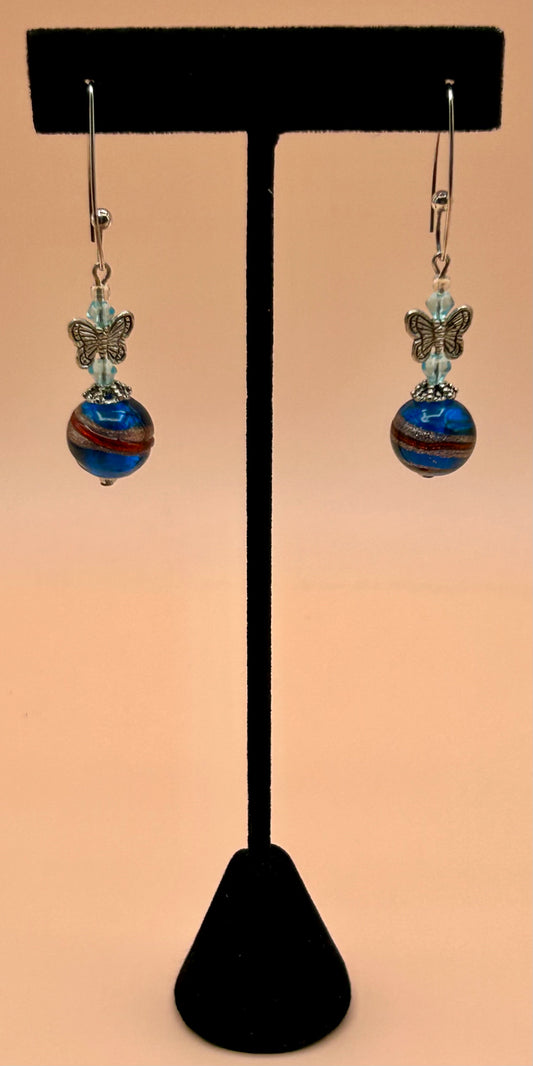 #131 Blue Lamp-Work Beads Accented with Silver Butterflies on Sterling Silver Earrings