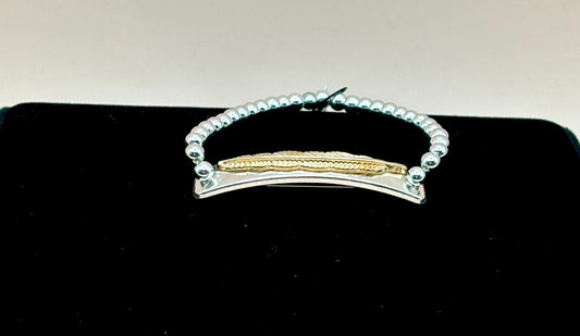 #117 GF Feather on Silver Stretch Silver Beaded Bracelet 6-1/4"