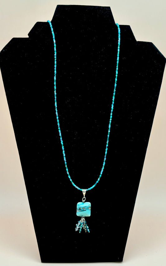 #102 36" Turquoise Seed Bead Necklace with matching drop and Swarovski Crystal on Sterling Silver