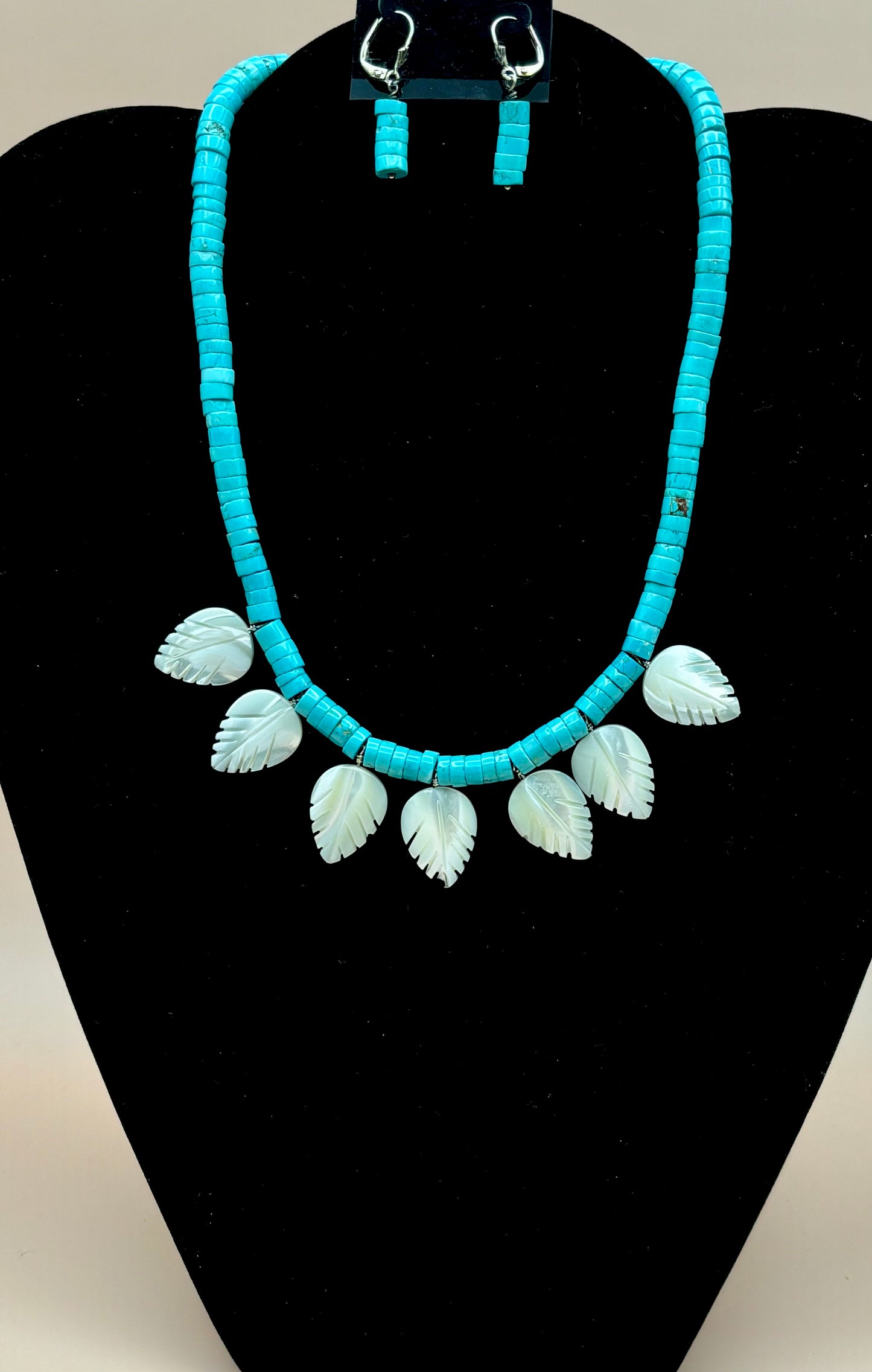 #103 Turquoise Dyed Shell Enhanced with Carved Mother of Pearl Leaves Necklace 16"