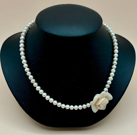 #150 Pale Pink Pearl with Coordinating Rose 18" Necklace with Sterling Silver Lobster Clasp