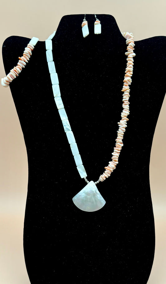 #154 Mother of Pearl Elongated Pillow Beads Accented with Light Pink Dyed Coral Pieces 20" Necklace