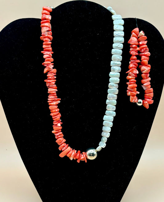 #155 Coral Dyed Shell Pieces Accented with White Pearl Saltwater Pillows with Gorgeous Coral Toggle Clasp on Sterling Silver