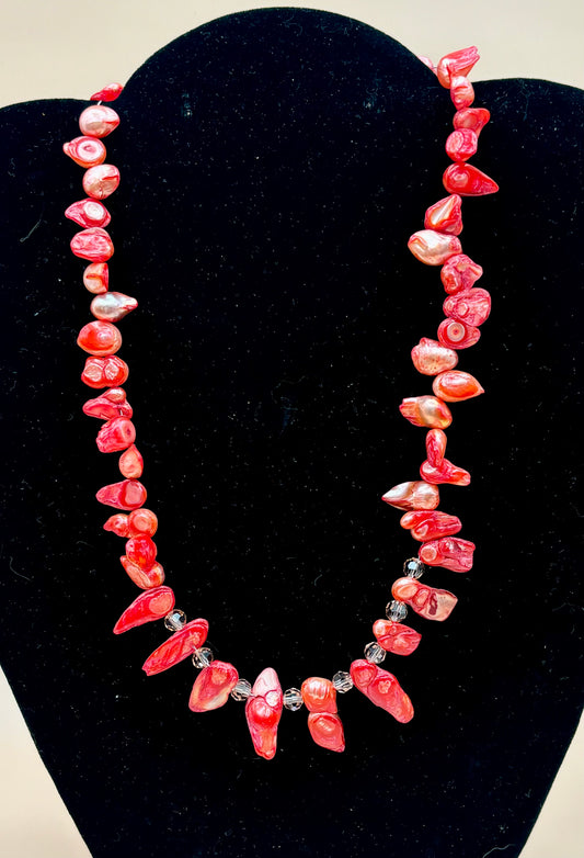 #160 Coral Dyed Saltwater Pearl 19" Necklace Enhanced with Light Pale Pink Swarovski Crystals.