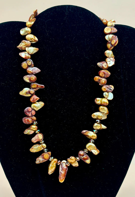 #161 Bronze Dyed Saltwater Pearl 19" Necklace Enhanced with Golden Shadow Swarovski Crystals.