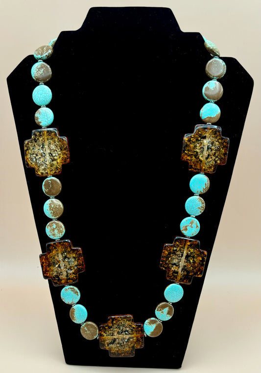 #146 Turquoise Magnesite Coin Beads with Amber-Colored Large Acrylic Crossed 27" Necklace