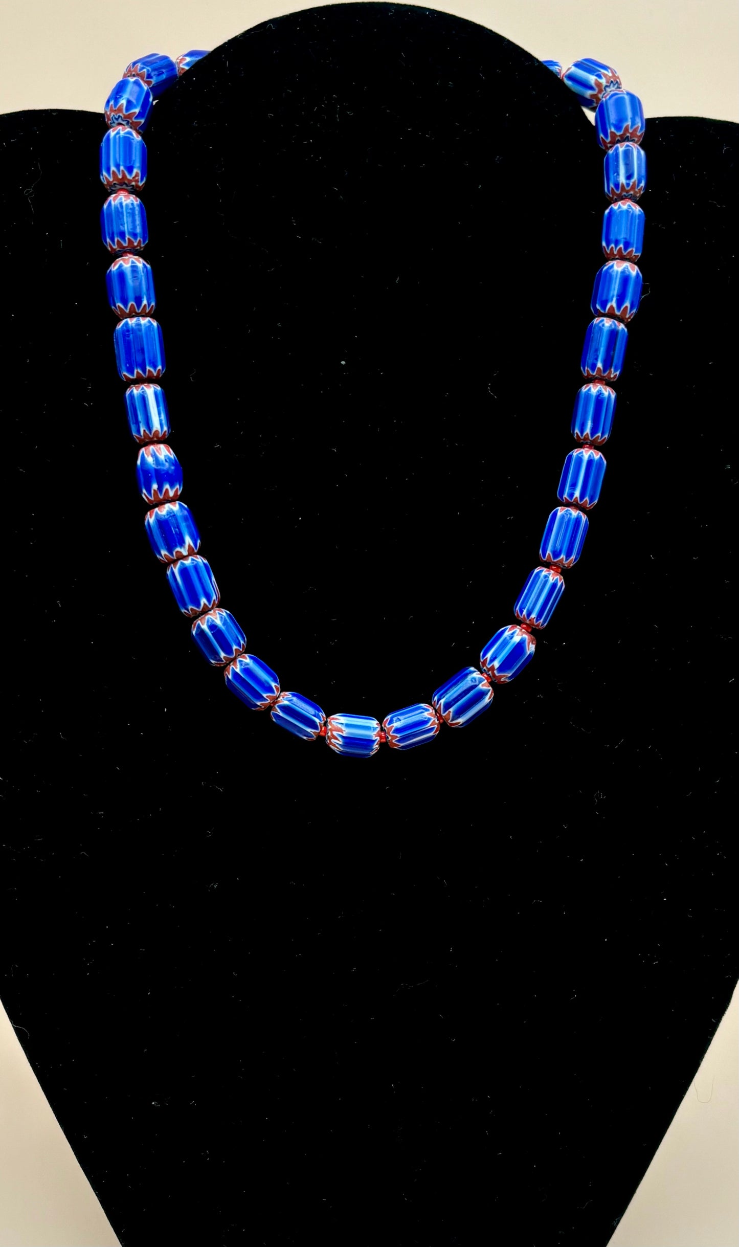 #106 Blue, White and Red Porcelain Hand-Made Bead 16" Necklace with Sterling Silver Clasp