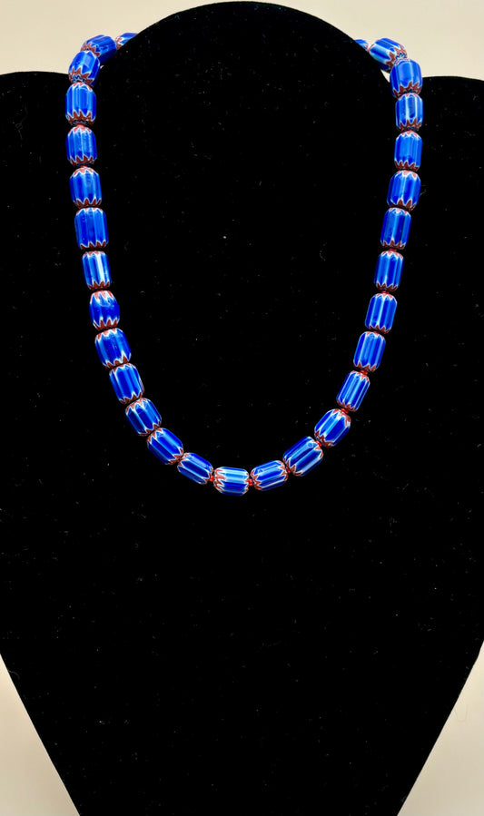 #106 Blue, White and Red Porcelain Hand-Made Bead 16" Necklace with Sterling Silver Clasp