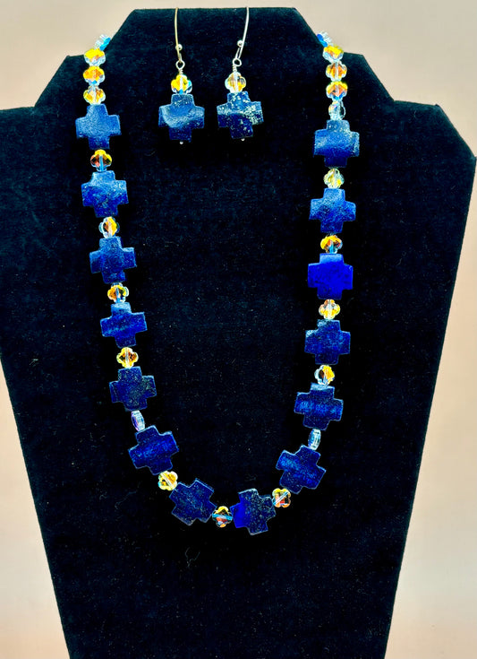 #167 Blue Lapis Crosses Accented with Small AB Crystal Crosses Fastened by a Sterling Silver Toggle Clasp 20" Necklace