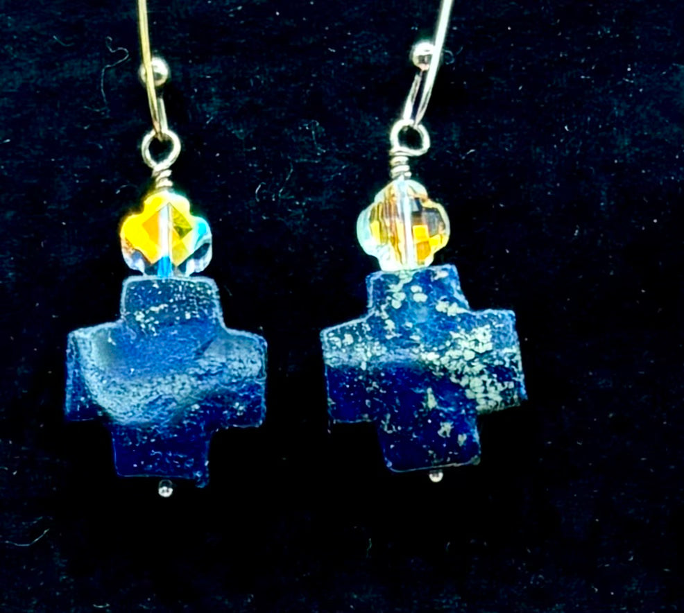 #168 Blue Lapis Crosses Accented with Small AB Crystal Crosses on Sterling Silver Hoop Drop Earrings