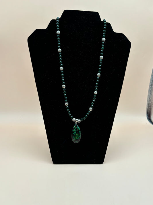 #172 Dark Green Jasper 28" Necklace with a Large Jasper Drop spaced with Silver Bali Beads