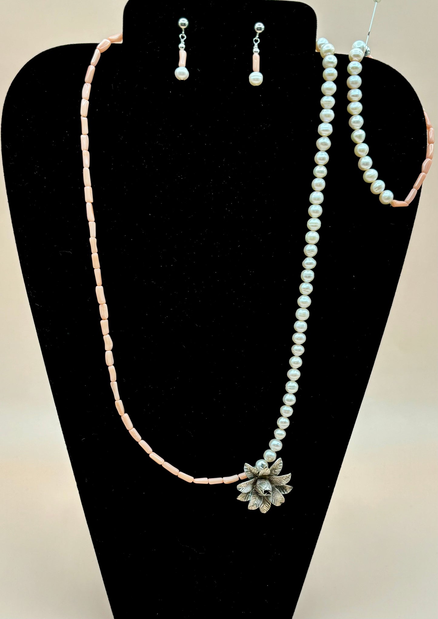 #177 Light Coral Matched with Light Pink Saltwater Pearls Enhanced by a Silver Rose 21" Necklace