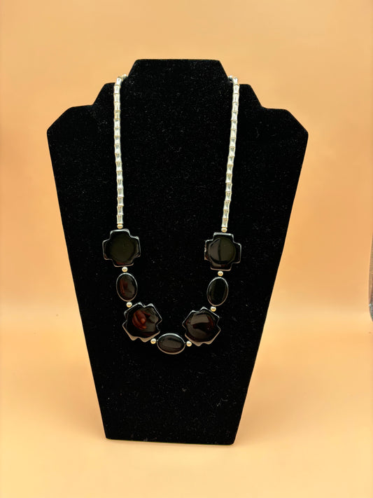 #182 Black Onyx Crosses & Oblong Pieces Enhanced with Silver Barrel Beads for a 21" Necklace