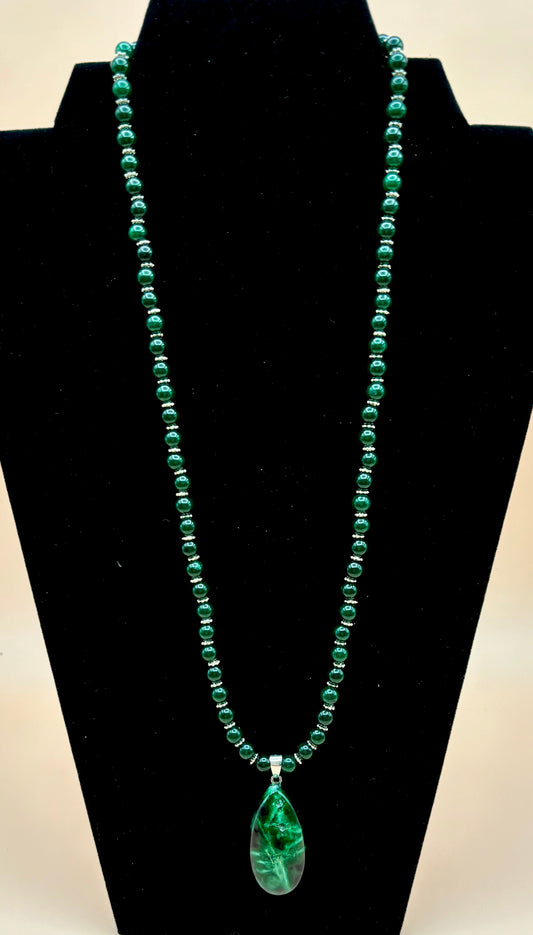 #185 Dark Green Jasper Beads with Silver Daisy Spacers on a 24" Necklace with Silver Toggle Clasp