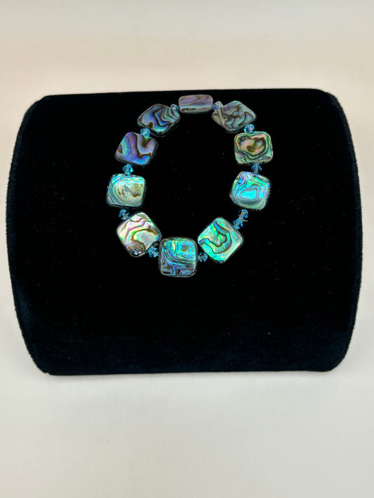 #224 Abalone Shell Pillow Beads with Light Blue Bicone Swarovski Crystals 6-1/2 Stretch Bracelet